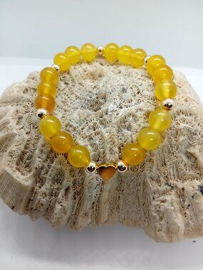 14K Gold Filled Bead Bracelet Yellow Agate Heart Charm Stretch Bracelet Women